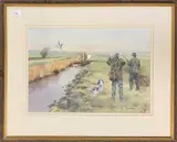 Shooting Party with an alighting duck by Brian M.Wigger, watercolor, sold Oct 2026