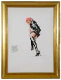 The black plastic cat suit by John Bratby, mixed media on paper, offered Feb 2020
