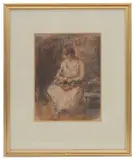 Woman in a kitchen by Sholto Johnstone Douglas, pastel, offered Feb 2020