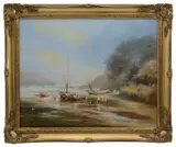 Children and sailing boats on an estuary shore at low tide by Ted Dyer, oil on canvas, offered Feb 2020