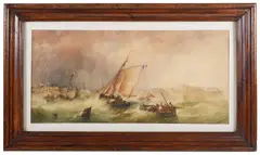 Fishing boats on a rough sea by Alfred Herbert, 1837, watercolour, offered Jul 2019
