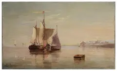 Sailing barges on a calm sea by Henry Moore, oil on canvas, offered May 2019