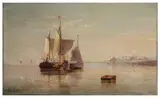 Sailing barges on a calm sea by Henry Moore, oil on canvas, offered May 2019