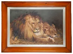 Lion, Sleeping Lioness by L Dixon, oil on canvas, offered Jul 2018