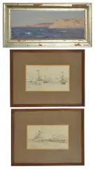 Depicting ships in parade with flags at full mast by Eduardo de Martino, pencil, offered Jun 2017
