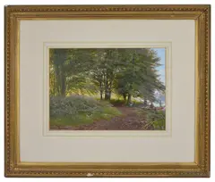 Picnic in a woody glade beside the waters edge by Edmund George Warren, 1866, watercolour and body, offered Jun 2017