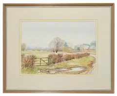 Mountainous scene with a church and house beside a hedged field by Bill Toop, watercolour, offered Jun 2017
