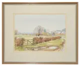Mountainous scene with a church and house beside a hedged field by Bill Toop, watercolour, offered Jun 2017