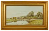 A dinghy sailing down a river with figures watching from the by George Oyston, watercolour, offered Feb 2017