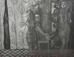 Scottish From behind the curtain by June Carey, 1985, engraving, offered Dec 2016
