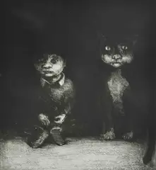 British Boy and Cat black and white etching with seated boy beside by Chris Salmon, etching, offered Dec 2016