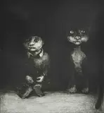 British Boy and Cat black and white etching with seated boy beside by Chris Salmon, etching, offered Dec 2016