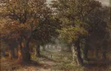 BritishA figure walking along a wooded path by Charles Leaver, 1882, oil on panel, offered Feb 2016