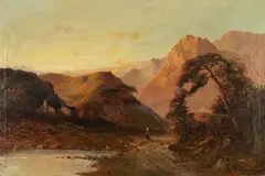 A large mountainous highland landscape with a figure on a pathway by F. E. Jamieson, Oil on canvas, offered Mar 2015