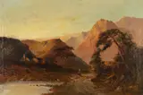 A large mountainous highland landscape with a figure on a pathway by F. E. Jamieson, Oil on canvas, offered Mar 2015