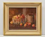 Small basket of cherries and the french pot by Pamela Kay, oil on board, sold Mar 2025
