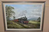 Steam locomotive and carriages by H. Ball, 1982, oil on canvas, sold Mar 2025