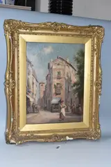 A continental village scene by Trevor Haddon, oil on canvas, sold Feb 2025