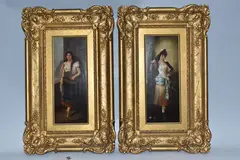 The first depicts a female figure by J. Holter, oil on board, sold Feb 2025