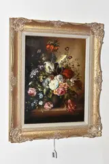Still life with flowers by B. Pal, oil on board, sold Feb 2025