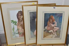 Comprising a nude kneeling by Owen Ronald Olley, 1989, WATERCOLOUR, sold Feb 2025
