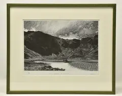 The approach to twll du by Colin See Paynton, woodcut, sold Jan 2025