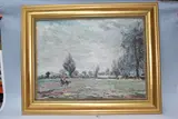 A landscape with huntsman on horses by Frank Boothman, 1953, oil on board, sold Nov 2024