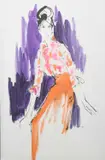 Woman in Orange Skirt a fashion design by Eva Aldbrook, gouache on paper, sold Oct 2024