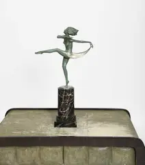Scarf Dancer a tall green patinated bronze sculpture of a naked woman by Josef Lorenzl, bronze, sold Oct 2024