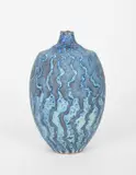 Vessel with neck blue wax resist impressed seal mark 19 by Peter Beard, photograph, sold Oct 2024