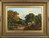 Figure on a wooded lane outside a cottage by Frederick William Hulme, Oil on canvas, sold Oct 2024