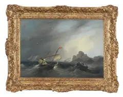 Fishing boats in storm below a ruined castle Signed F by Frederick Calvert, Oil on canvas, sold Oct 2024