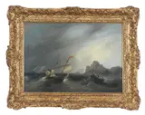 Fishing boats in storm below a ruined castle Signed F by Frederick Calvert, Oil on canvas, sold Oct 2024