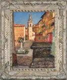 View of a piazza by William Davies, 1953, Oil on board, sold Oct 2024