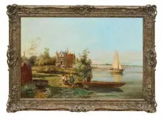 Figures unloading a ferry on the banks of a river Signed W by William Raymond Dommersen, Oil on canvas, sold Oct 2024