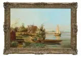 Figures unloading a ferry on the banks of a river Signed W by William Raymond Dommersen, Oil on canvas, sold Oct 2024