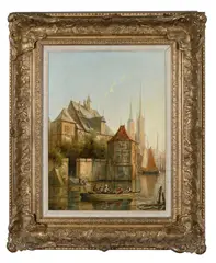 Figures on a canal in a continental town Signed WR by William Raymond Dommersen, Oil on canvas, sold Oct 2024