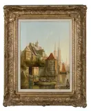 Figures on a canal in a continental town Signed WR by William Raymond Dommersen, Oil on canvas, sold Oct 2024