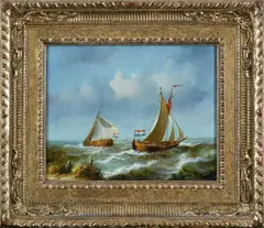 Dutch fishing boats off the coast by Jean Laurent, oil on panel, sold Oct 2024