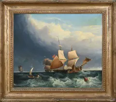 The Wolf Brig of war in a gale Signed and inscribed Wolf Brig of War J by John Berney Crome, Oil on canvas, sold Oct 2024