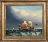 The Wolf Brig of war in a gale Signed and inscribed Wolf Brig of War J by John Berney Crome, Oil on canvas, sold Oct 2024