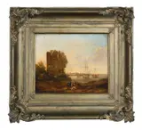 Coastal landscape with figures below a ruined tower and fishing boats by Charles Towne, Oil on panel, offered Oct 2024