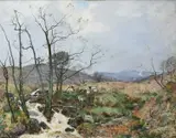 Highland landscape with sheep by a stream Signed R by Robert McGowan Coventry, Oil on canvas, sold Jun 2024