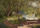 A picnic table in the woods Signed Joseph Longhurst by Joseph Longhurst, Oil on canvas, sold Jun 2024