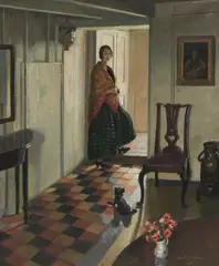 Interior with a woman standing in a doorway Signed and dated Harold by Harold Harvey, Oil on canvas, sold Jun 2024
