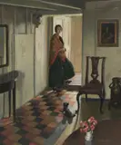 Interior with a woman standing in a doorway Signed and dated Harold by Harold Harvey, Oil on canvas, sold Jun 2024