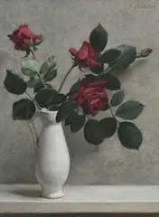 Still life with roses in a white jug Signed J B Souter by John Bulloch Souter, Oil on board, sold Jun 2024