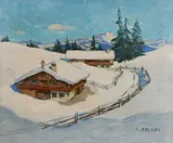 Snow chalets in the Tyrol Signed C by Carl Felkel, Oil on board, sold Jun 2024