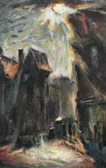 Sunburst over a London street Signed C Mann by Cyril Mann, Oil on board, sold Jun 2024