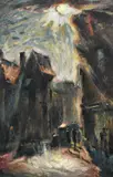 Sunburst over a London street Signed C Mann by Cyril Mann, Oil on board, sold Jun 2024